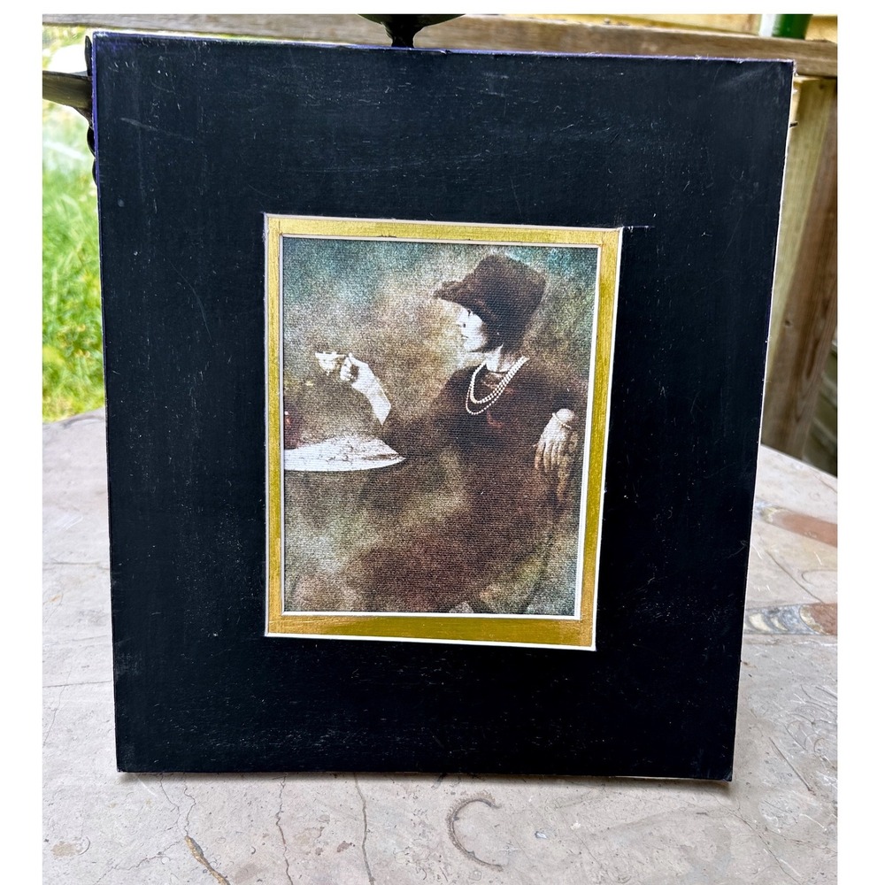 Vintage‎ Reflection Over a Cup of Tea Mixed Media Art Black Gold Signed SML Art